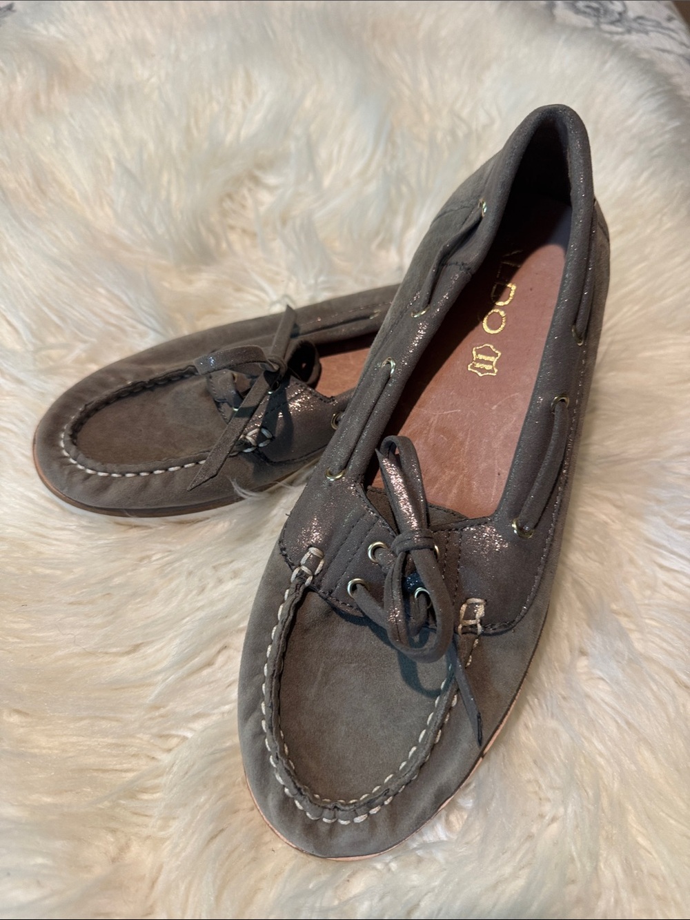 Aldo Charcoal Suede Moccasins with Bow Tie Detail and sparkle accent 8.5